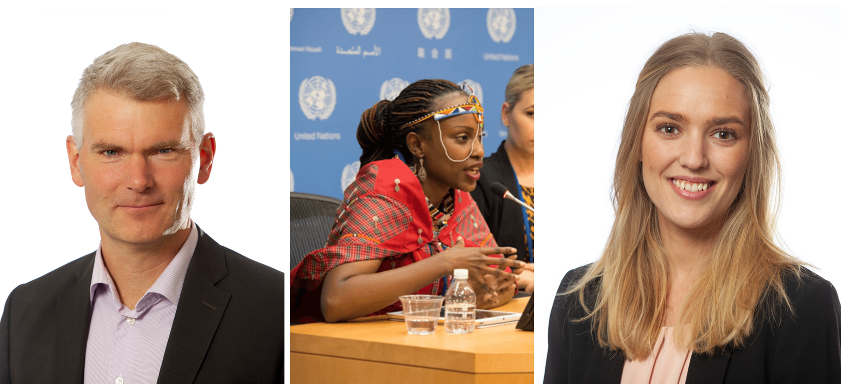 Markus Ekelund, VD på 2050, Valerie Kasaiyian , Kenya, kommenterar women empowerment på FN:s presskonferens, Linnea Turnstedt, konsult på 2050
