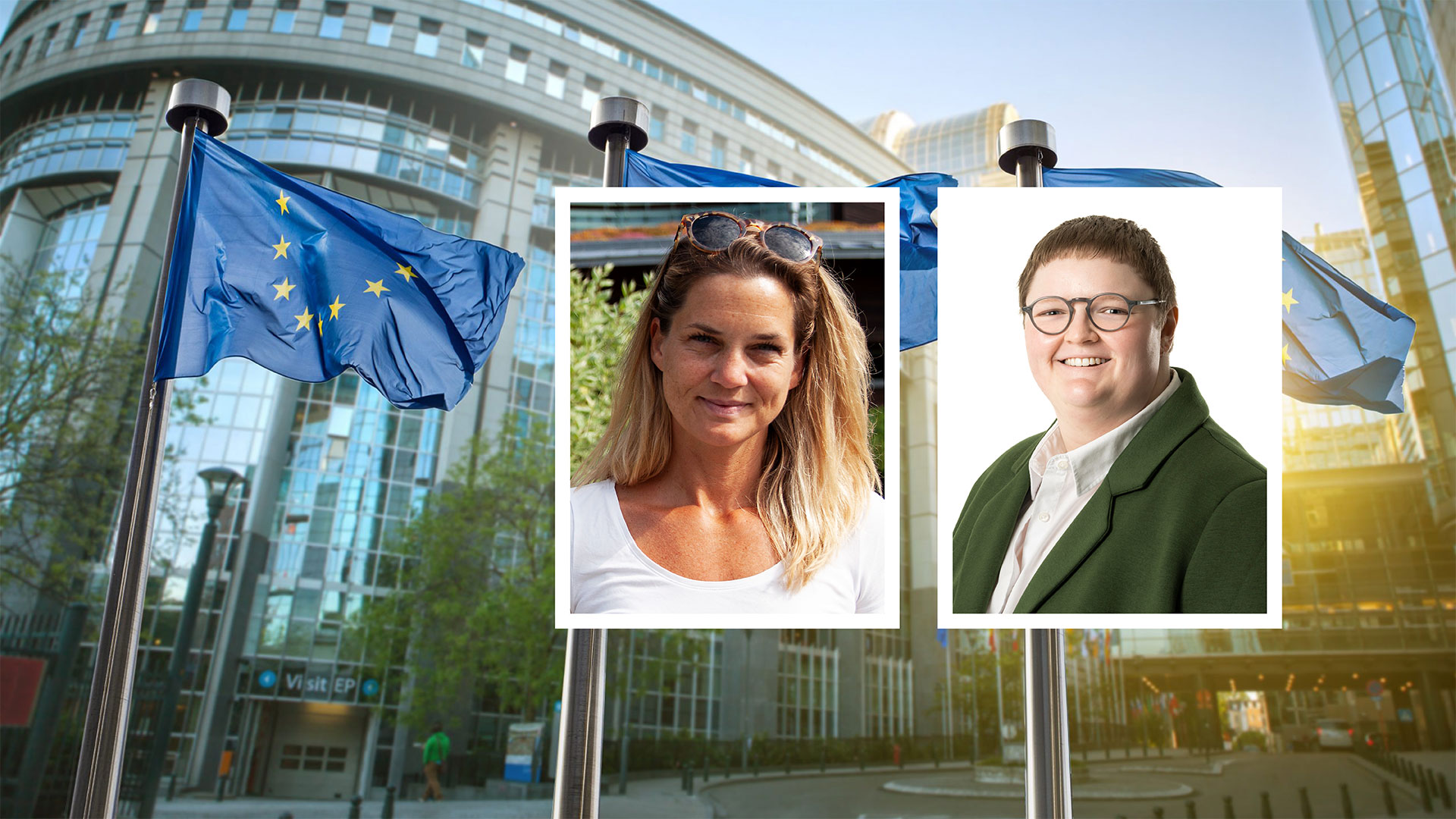 Rebecka Jakobbson och Malin Forsgren framför EU-kommissionens byggnad<br />
