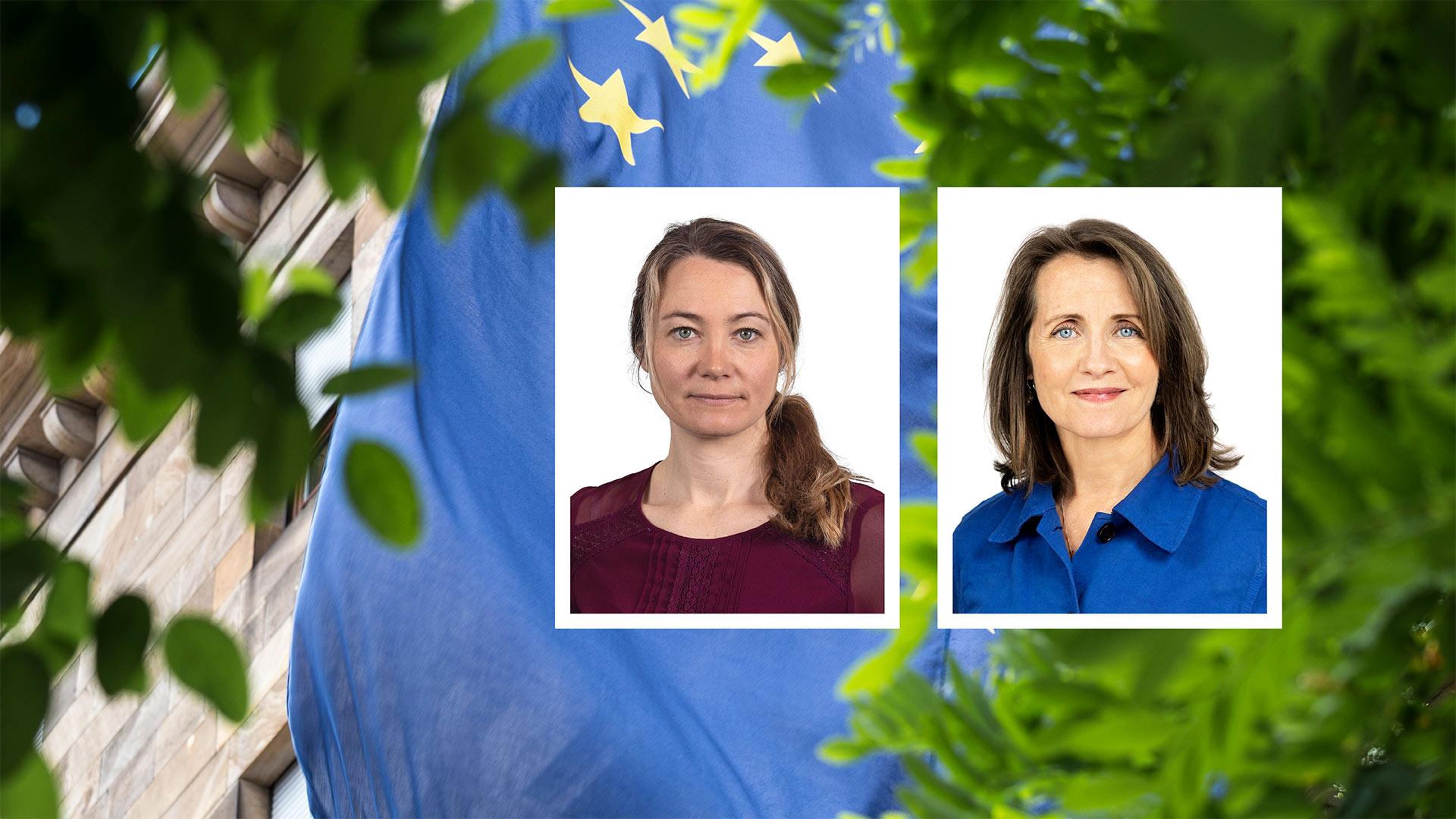 Rebecka Jakobbson och Malin Forsgren framför EU-kommissionens byggnad<br />
