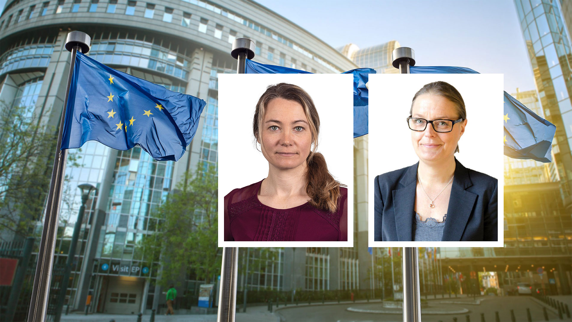 Rebecka Jakobbson och Malin Forsgren framför EU-kommissionens byggnad<br />
