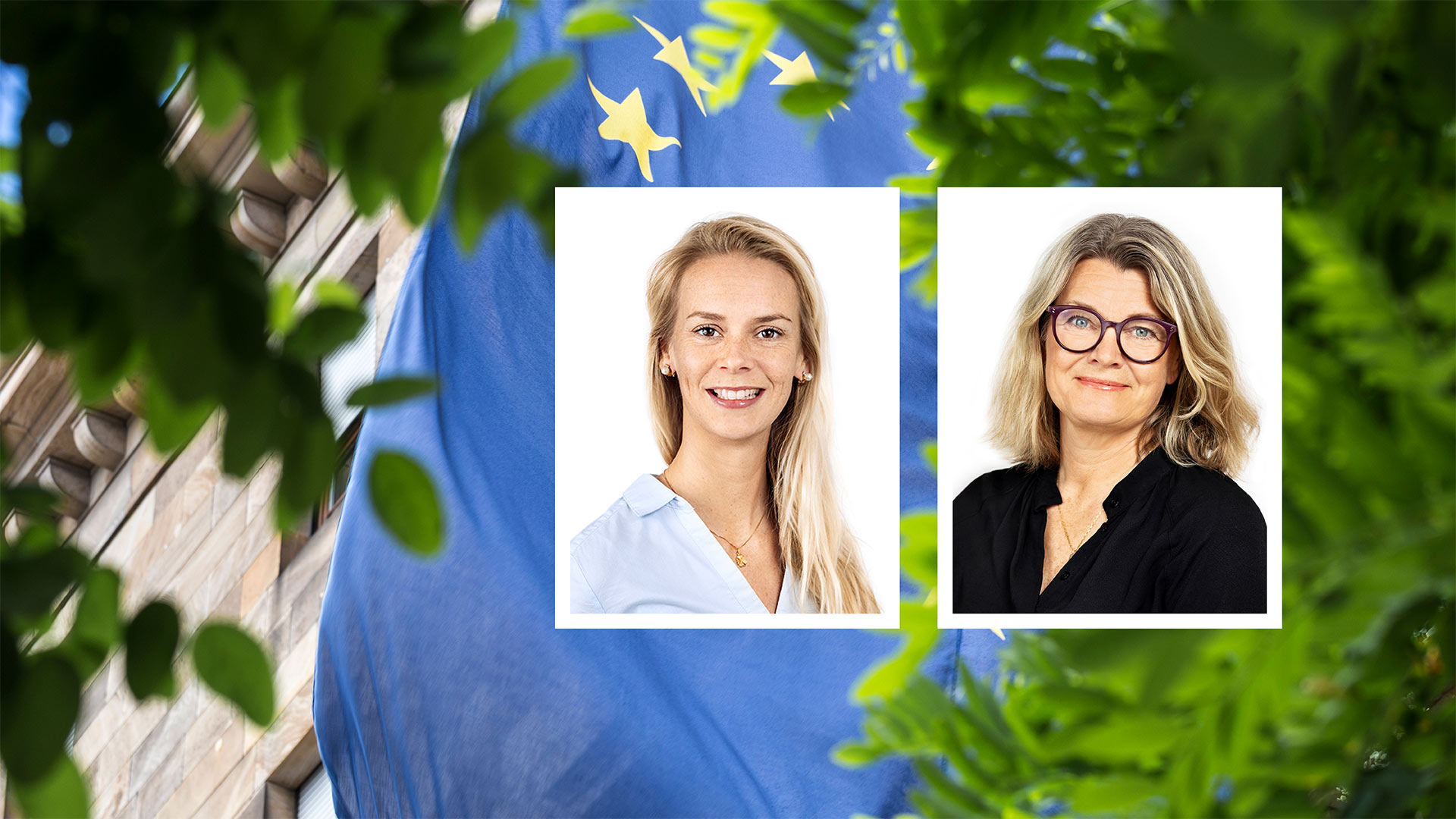 Rebecka Jakobbson och Malin Forsgren framför EU-kommissionens byggnad 